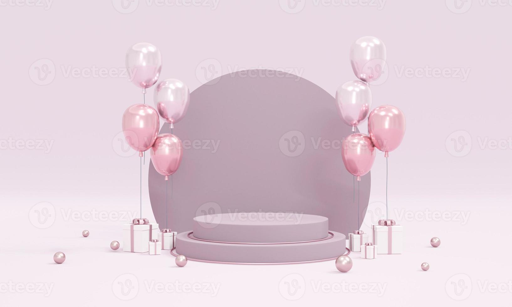 3D Rendering concept of podium product display with balloons purple theme on background for commercial design. 3D Render. photo