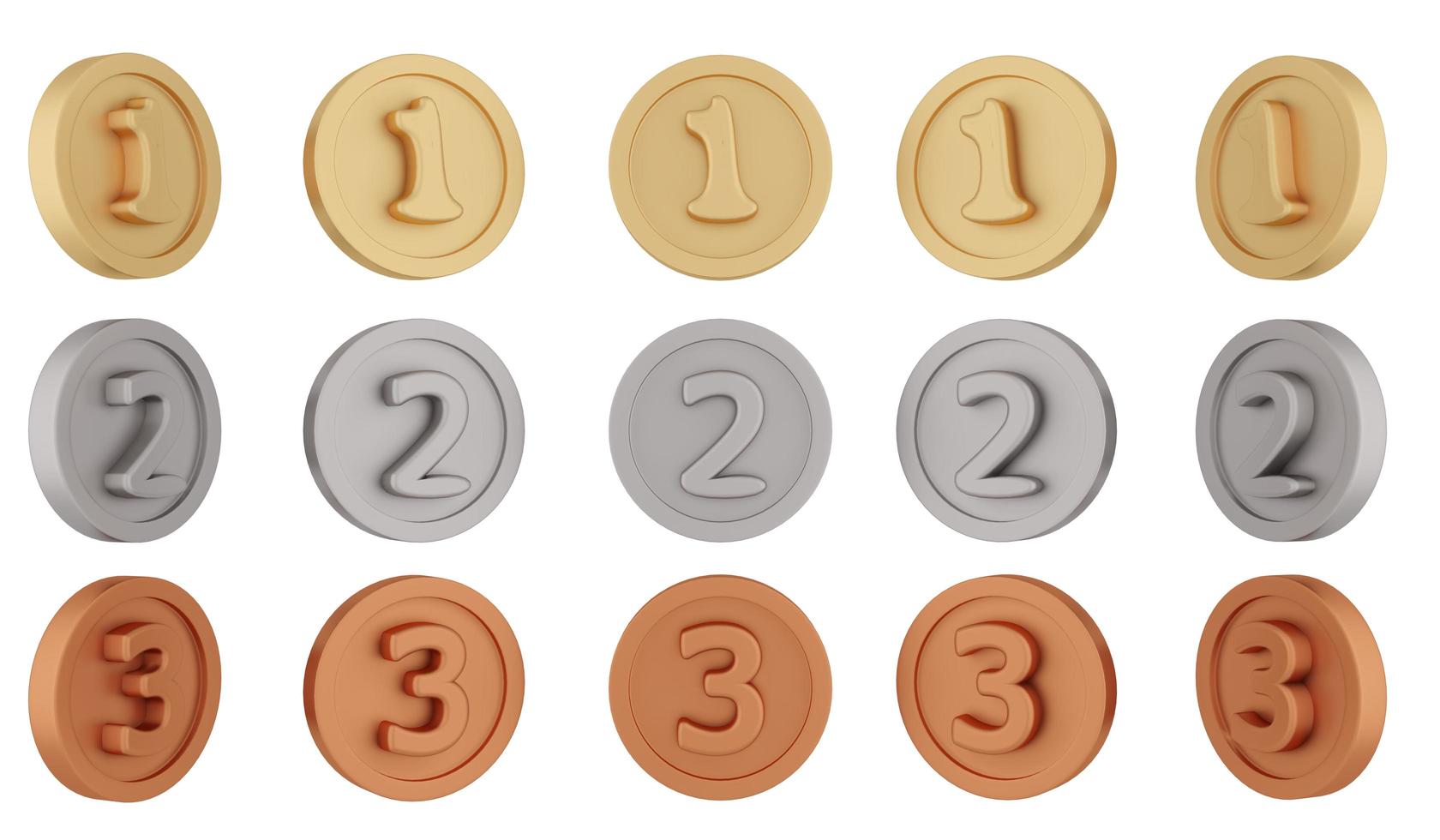 3D Rendering set of spinning gold silver bronze medals rotate in different angles isolated on white background. 3D Render. 3d illustration. photo