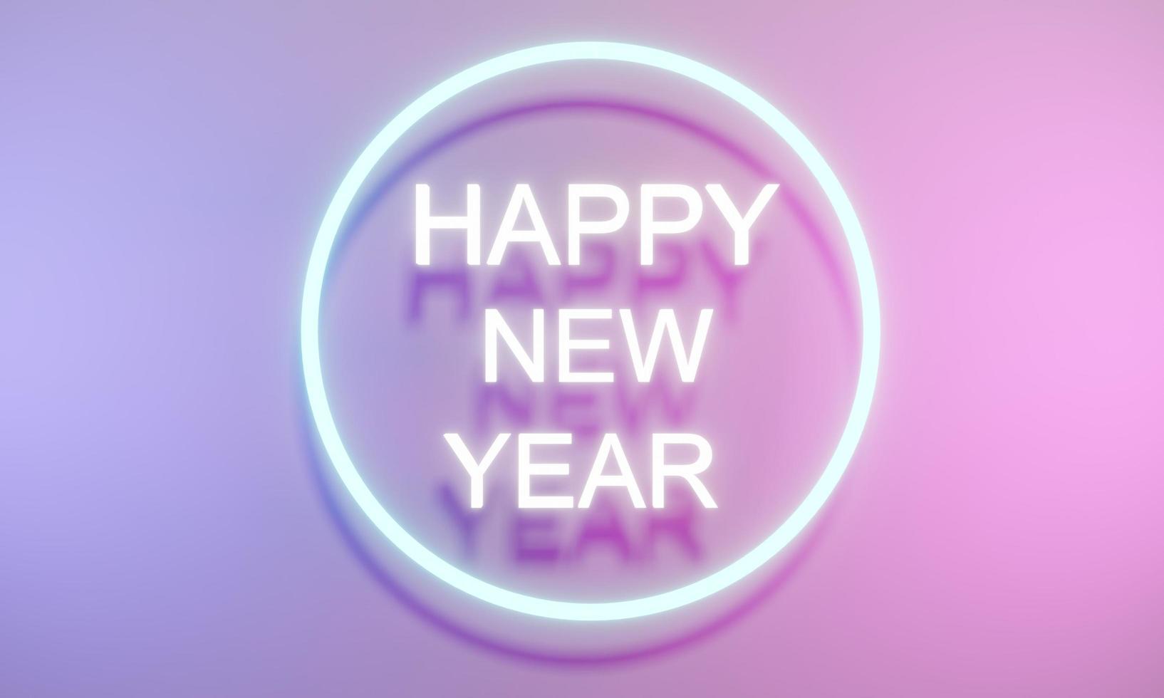 3D Rendering concept of Panorama banner of happy new year text with elements composition neon light background. 3D Render. 3D illustration. photo