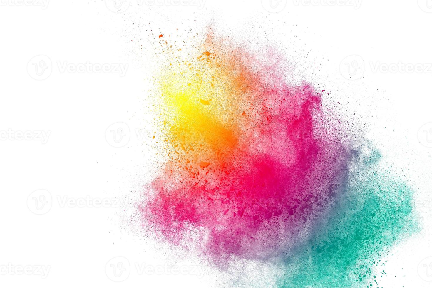Painted powder explosion on white background. Yellow-Red-Green dust explode for celebration or holiday design element. photo