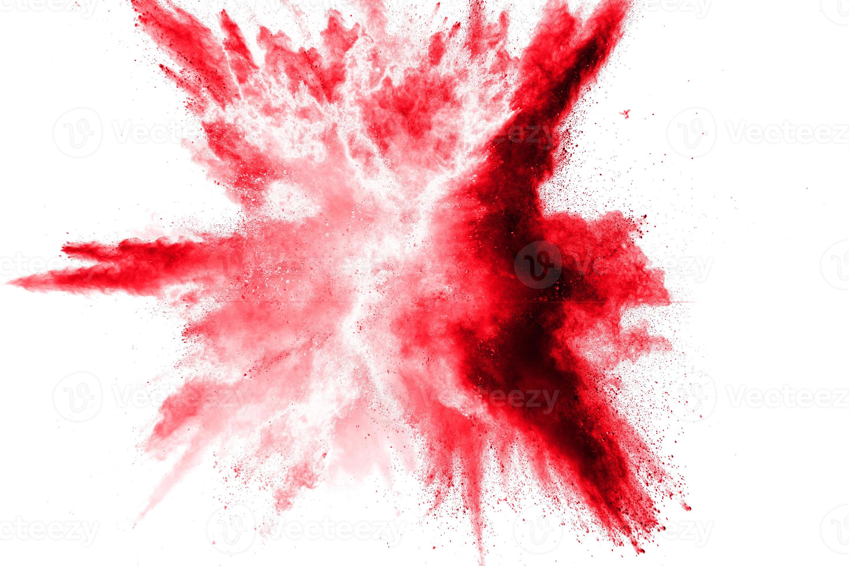 Abstract red dust splattered on white background. Red powder explosion