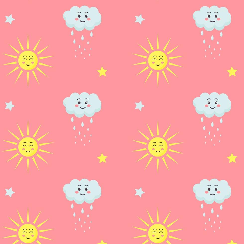 Seamless pattern with kawaii sun, cloud and stars. vector