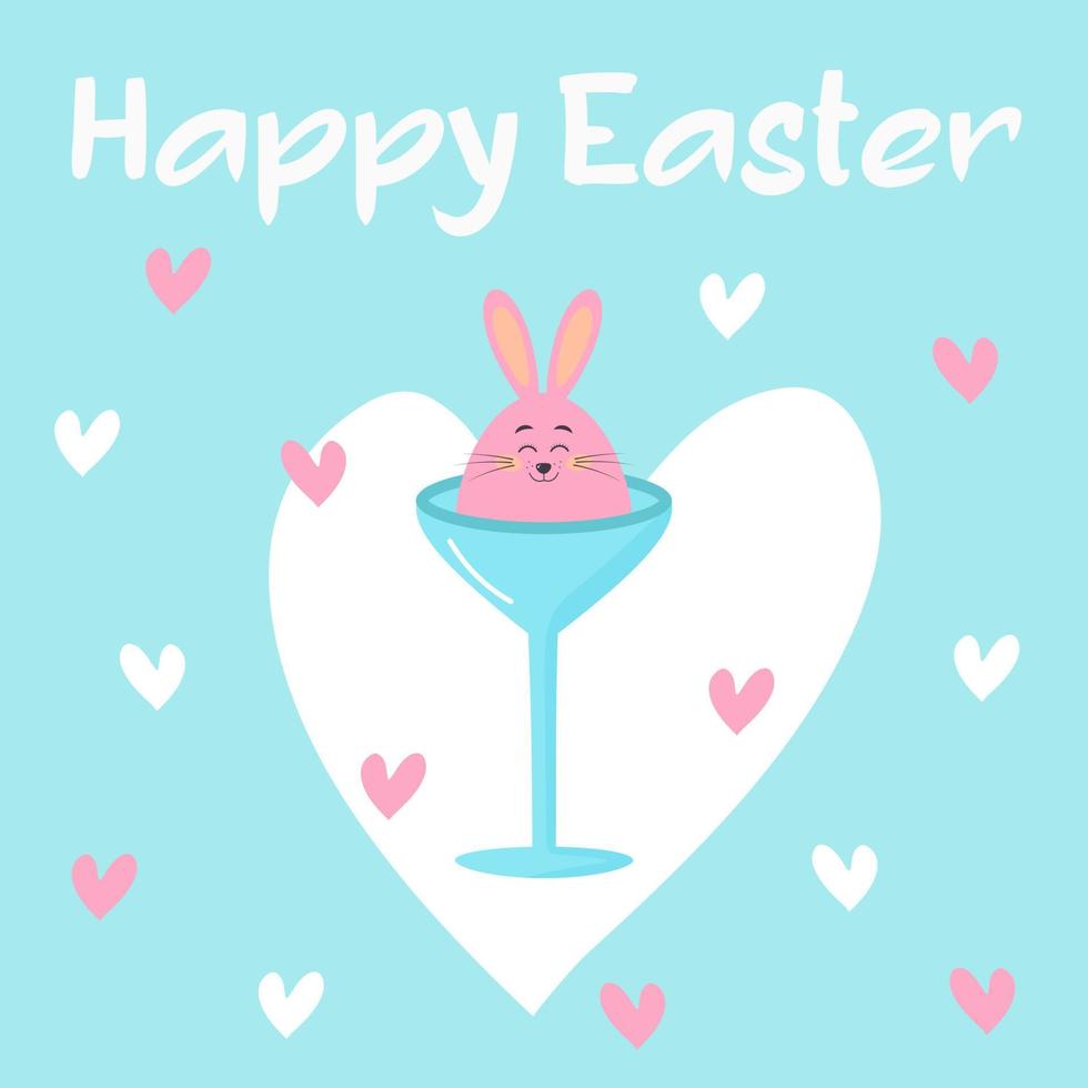 Pink bunny in the egg stand and hearts around. Happy Easter postcard ...