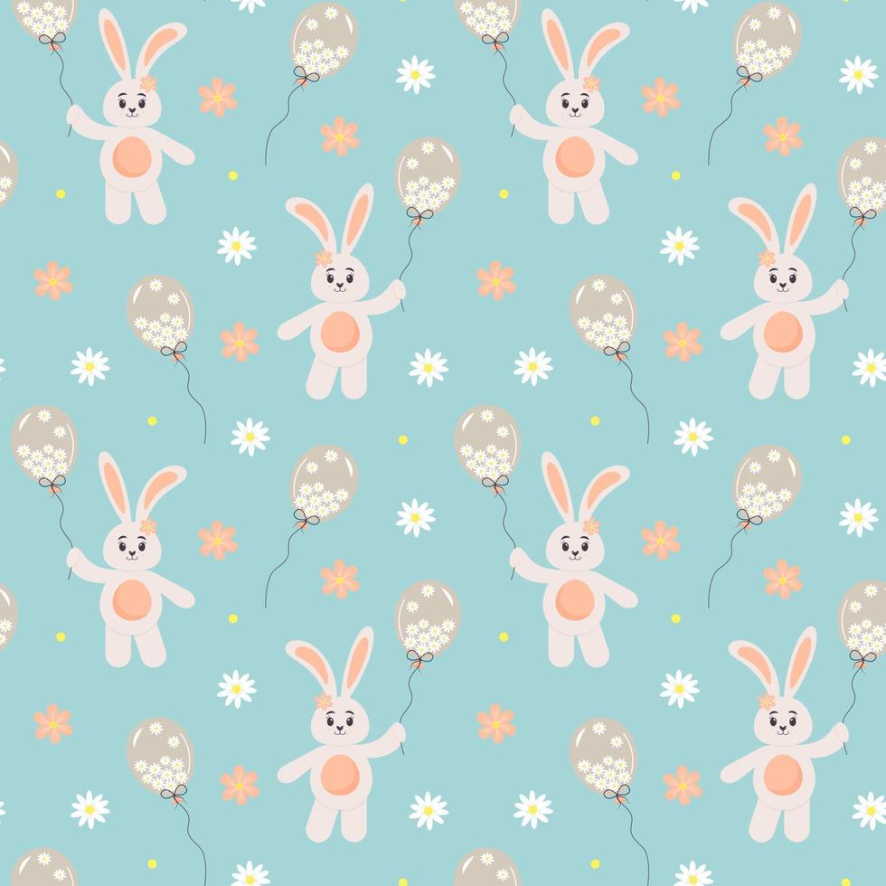 Seamless pattern with bunny holding a balloon full of chamomiles and flowers. vector