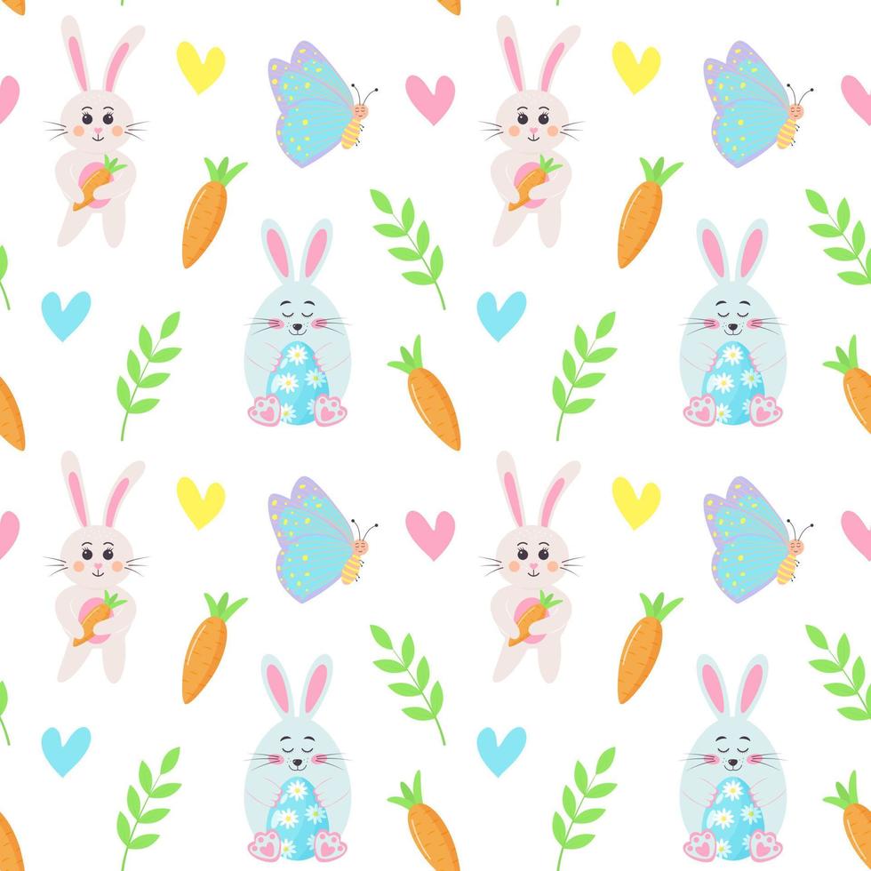 Seamless pattern with Easter bunnies, butterflies, carrots, twigs and hearts. vector