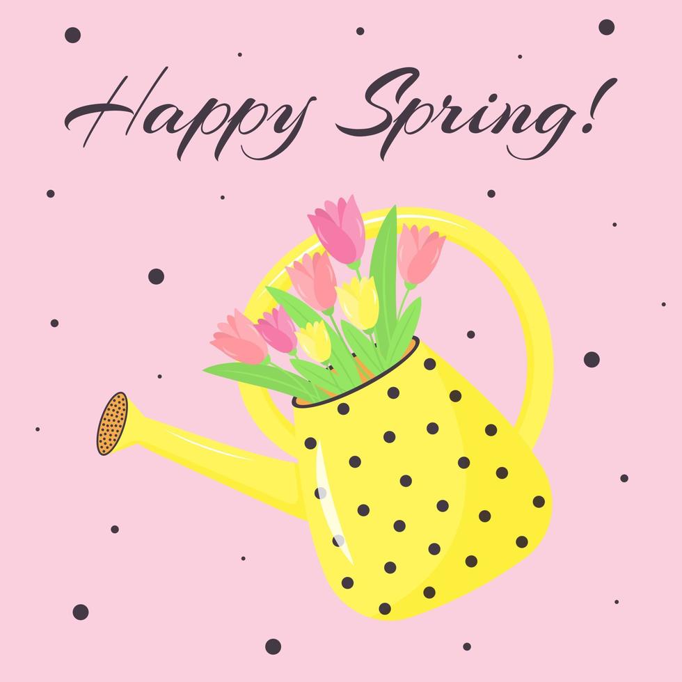 Watering can with bouquet of tulips. Happy spring text. Springtime garden decoration. vector