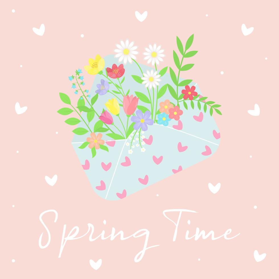 Bouquet of spring flowers in an envelope. Spring time text. Flower mail. vector