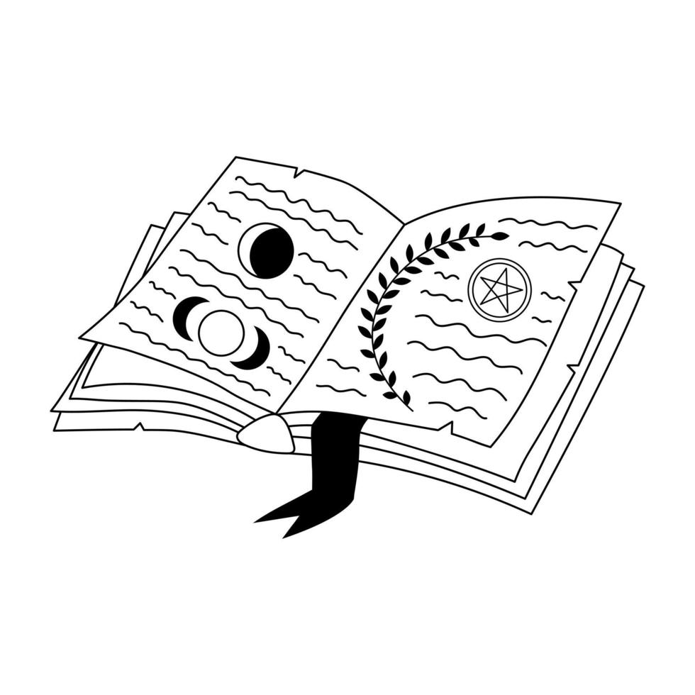 Magic spell book in doodle style. Witch open book with esoteric magical symbols vector