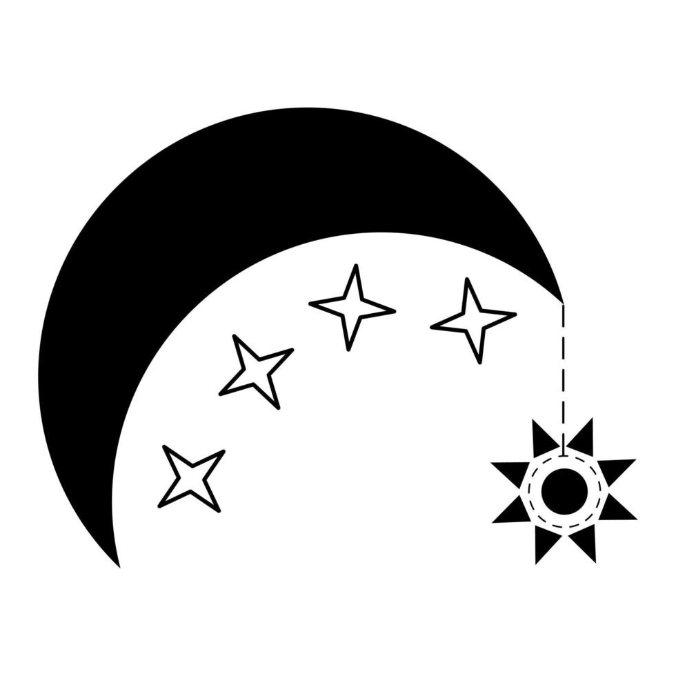 luna creciente con amuleto solar y estrellas. símbolo mágico de brujería, astrología, quiromancia. vector