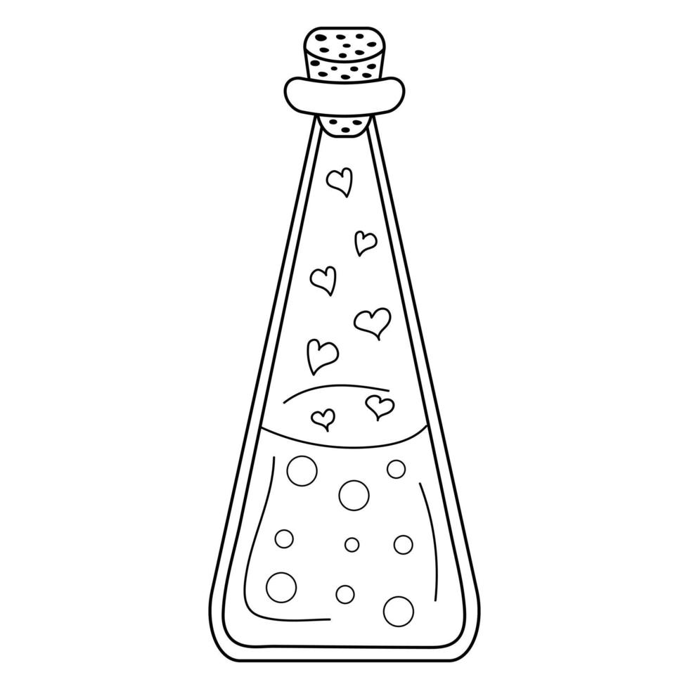 Love potion in a glass vessel. Magic bottle with elixir and hearts. vector