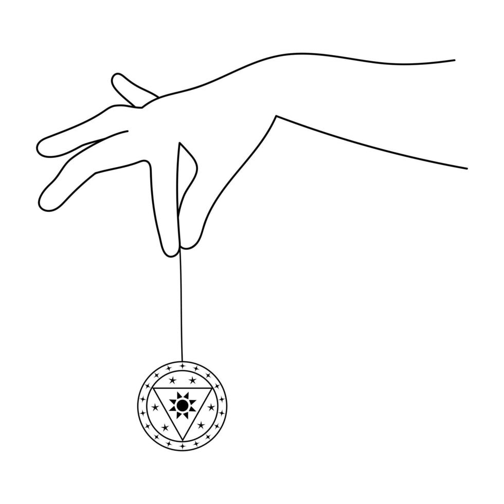 Hand holding magic amulet talisman. Esoteric jewellery. Sacred magic symbol outline drawing. vector