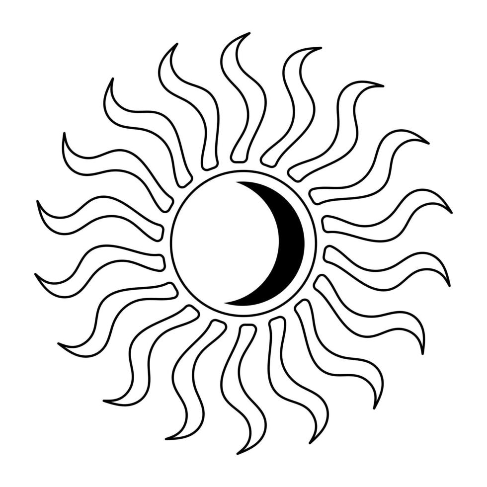 Esoteric magic sun with crescent moon inside. Bohemian hand drawn element. vector