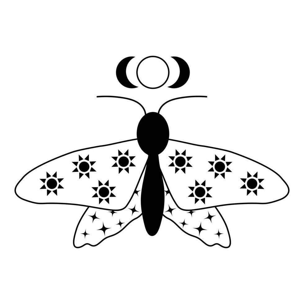 polilla mariposa mágica. símbolo zotérico celestial con luna, estrellas y sol. vector