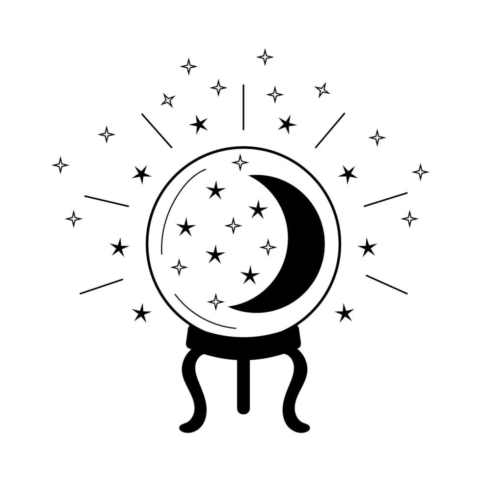 Magic crystal ball with crescent moon and stars. Prediction of future, invisible energy. vector