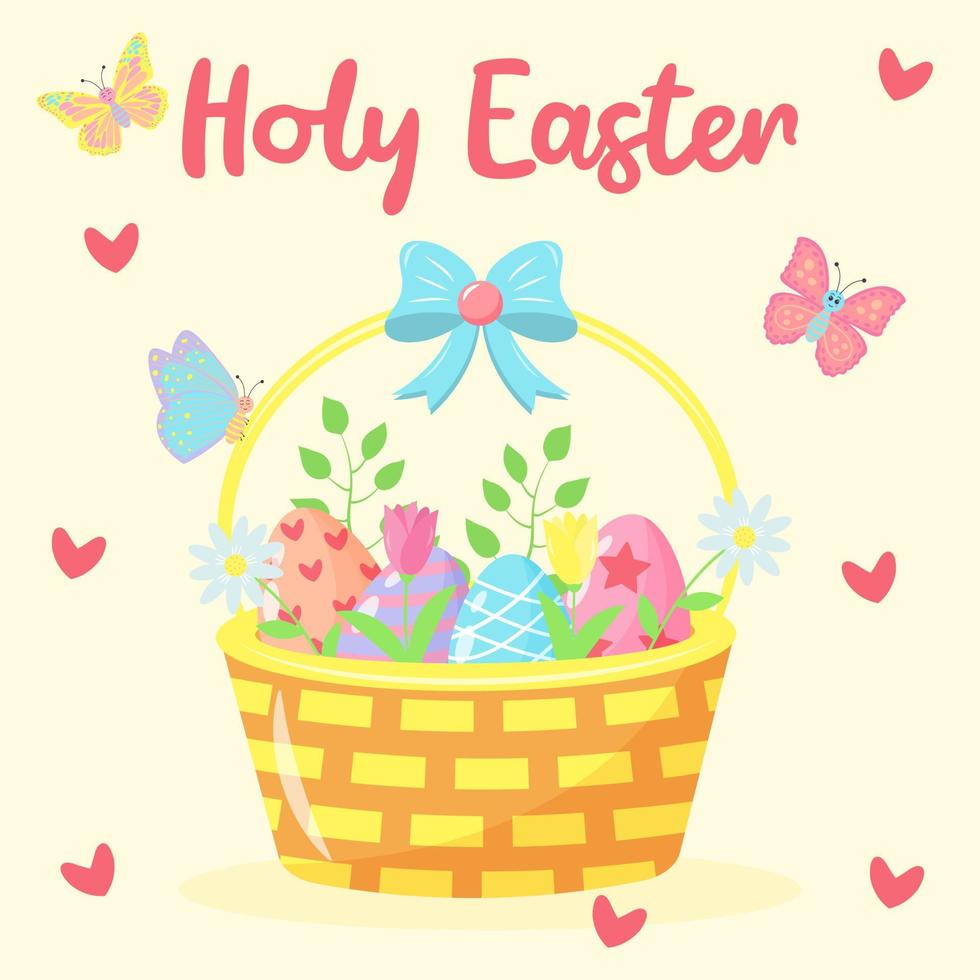 Basket with painted Easter eggs, tulips, chamomiles and twigs. Cartoon butterflies and hearts around. Holy Easter text. vector