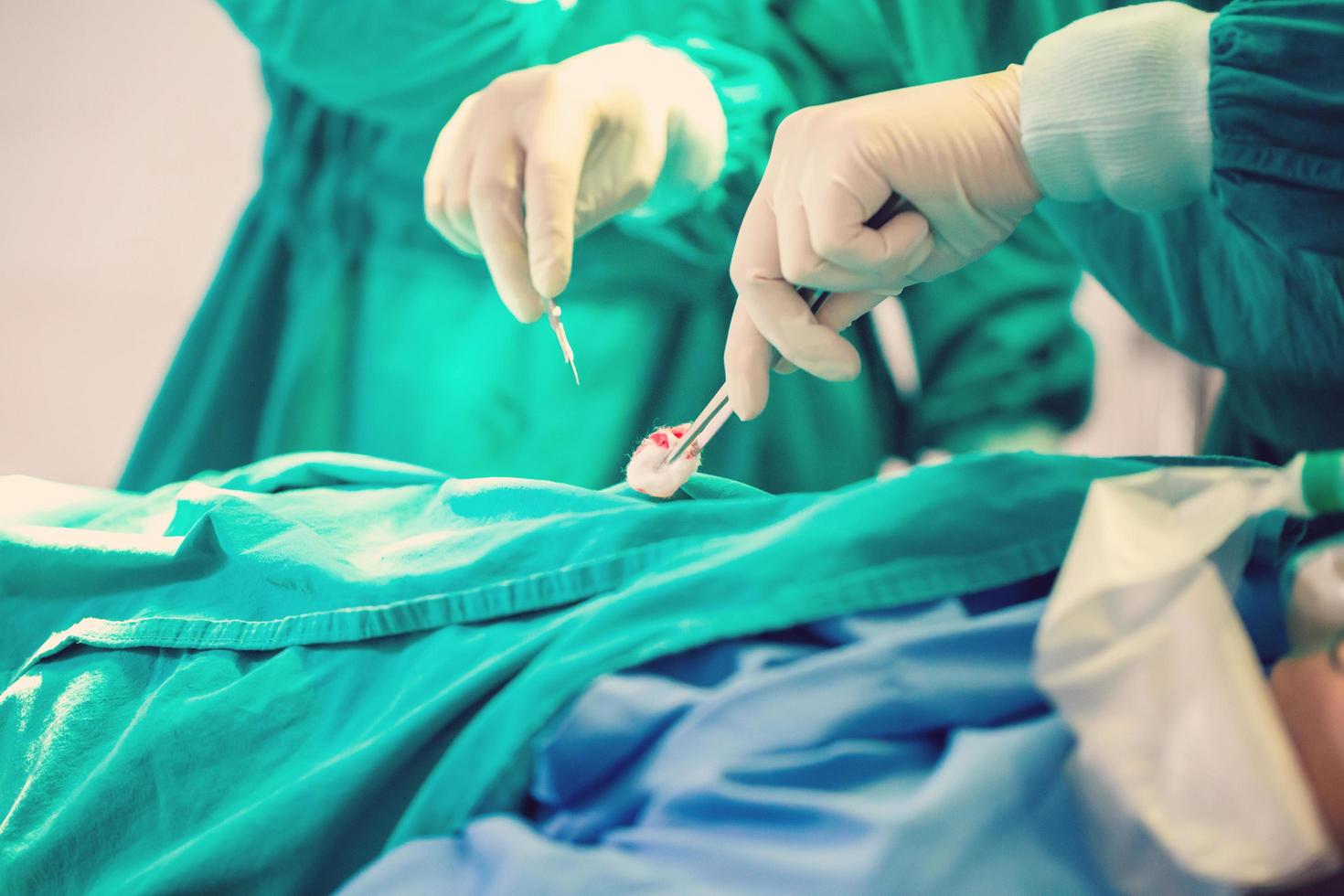Medical team performing surgical operation in operating Room, Concentrated surgical team operating a patient photo