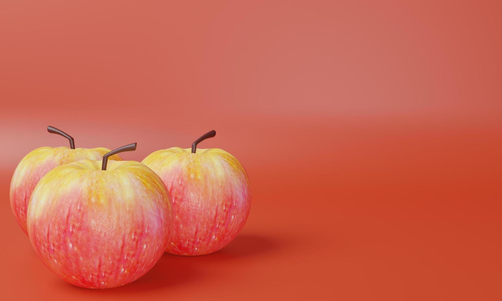 Representación 3d modelo de manzana amarillo-rojo realista de tres texturas y fondo rojo para espacio de copia y otros foto