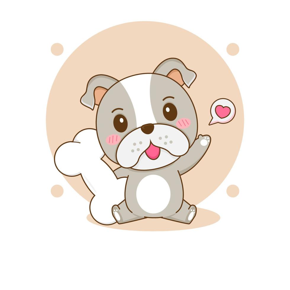 Cute bulldog with bone cartoon character illustration vector