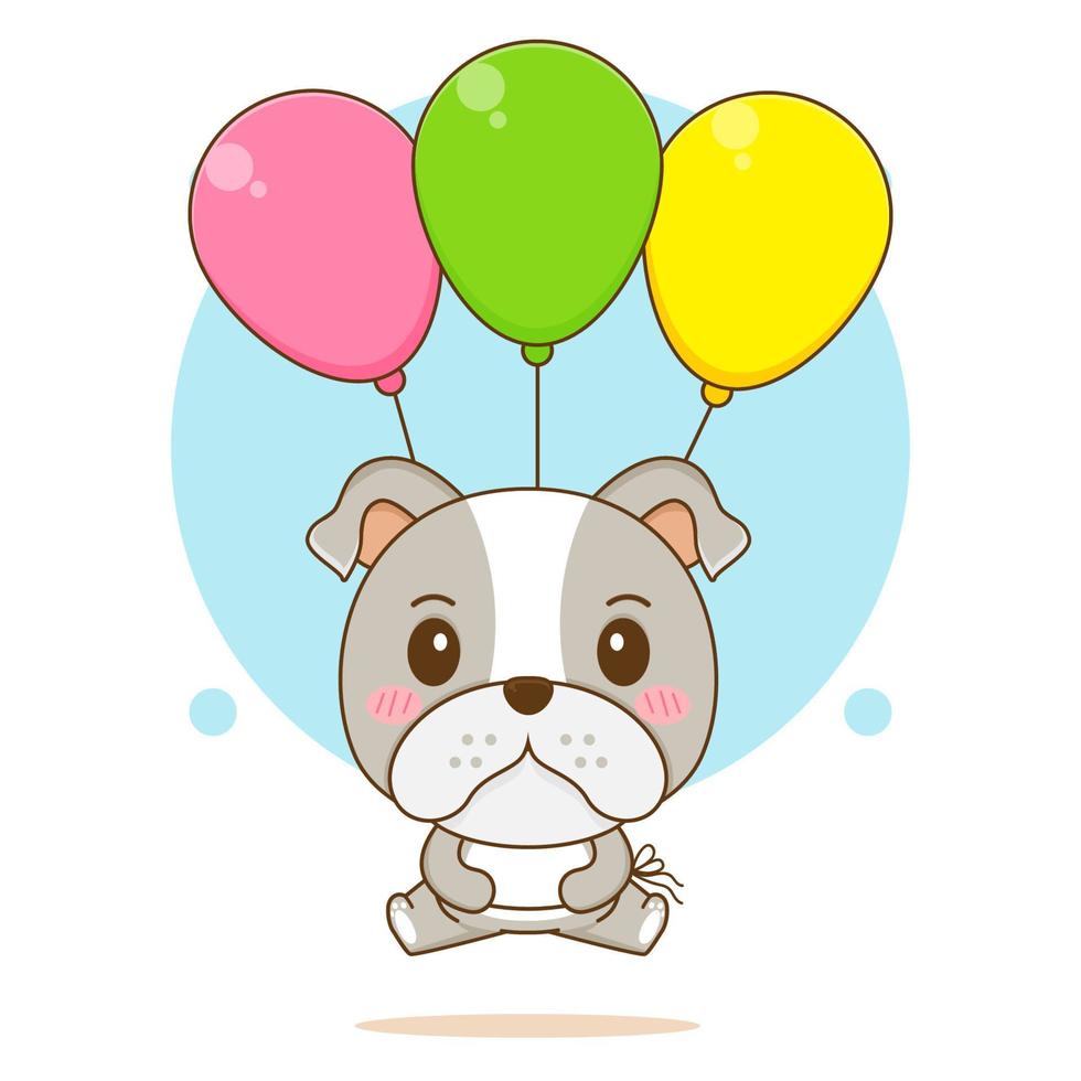 lindo bulldog flotando con globos ilustración de personaje de dibujos animados vector