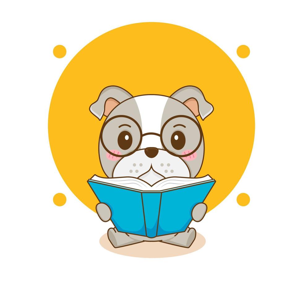 Cute nerd bulldog reading a book with glasses cartoon character illustration vector