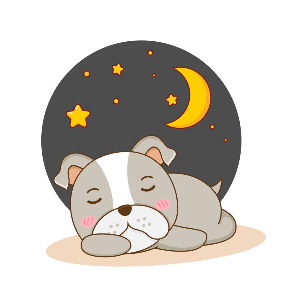 lindo bulldog durmiendo en la noche ilustración de personaje de dibujos animados vector