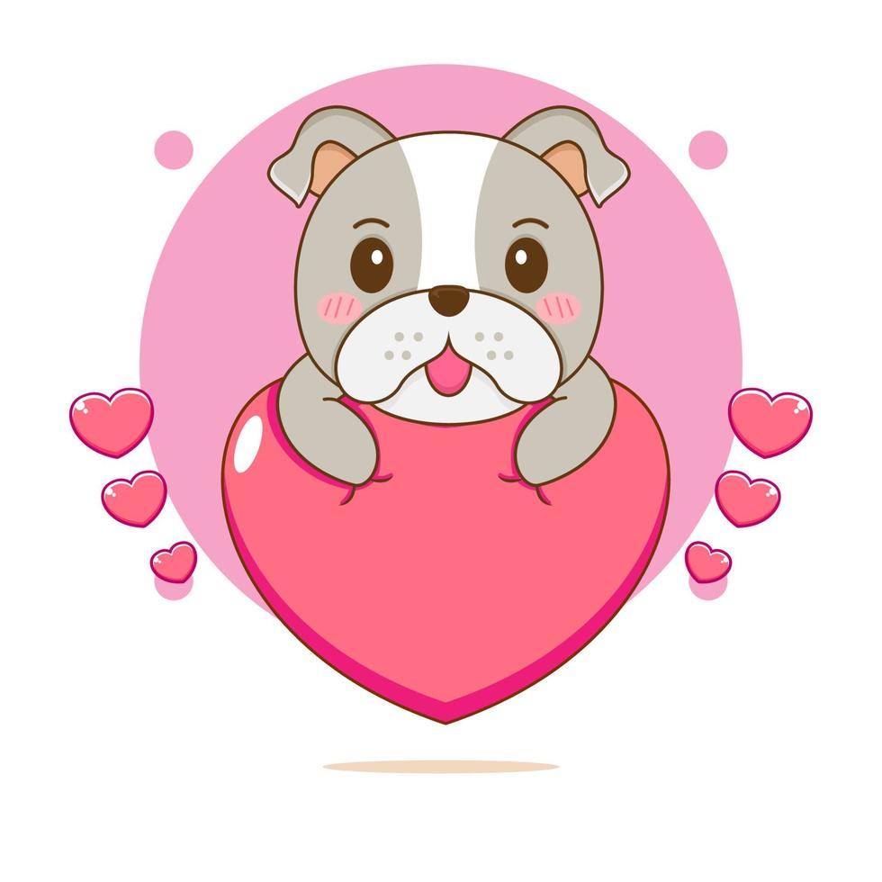 Cute bulldog hugging big love cartoon character illustration vector