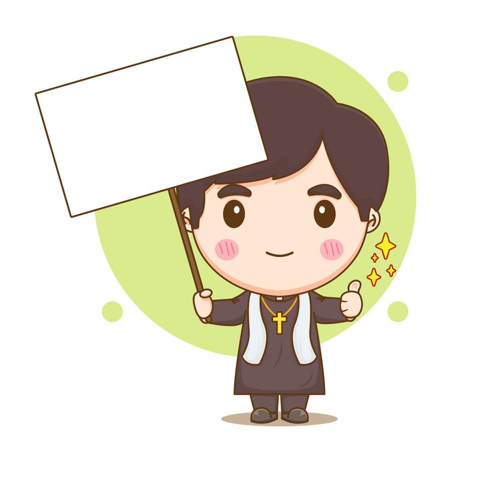 Cute priest with empty board chibi cartoon character illustration vector