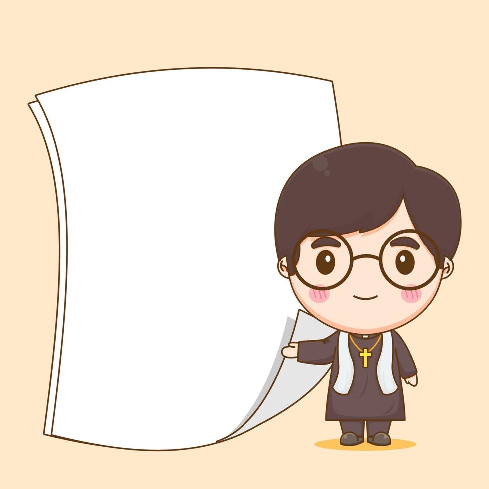 Cute priest with empty paper chibi cartoon character illustration vector