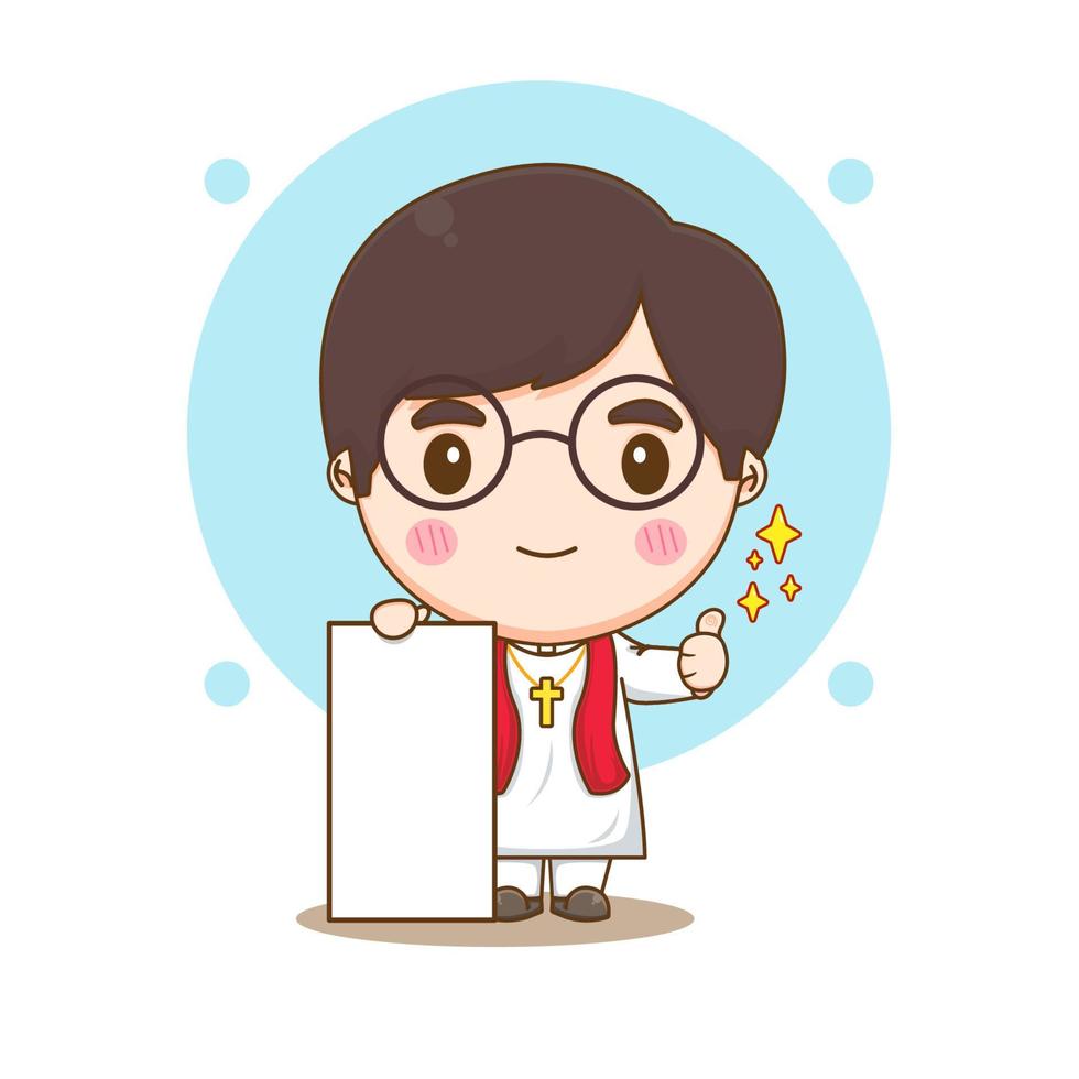 Cute priest showing thumb up chibi cartoon character illustration vector