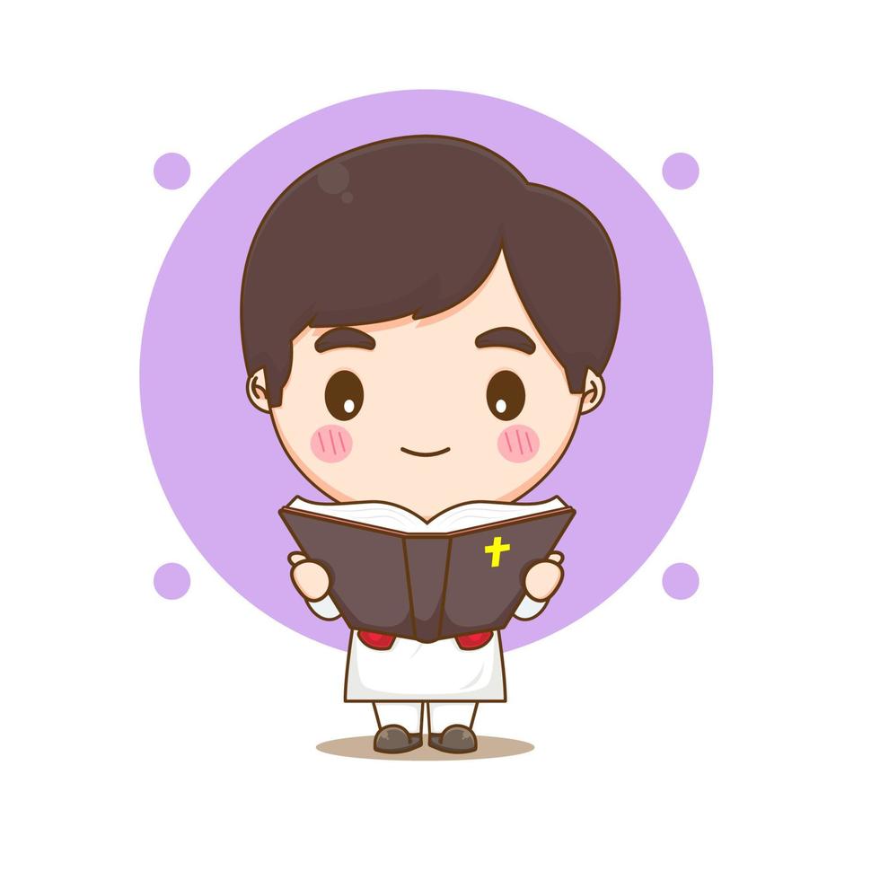 Cute priest reading the bible chibi cartoon character illustration vector