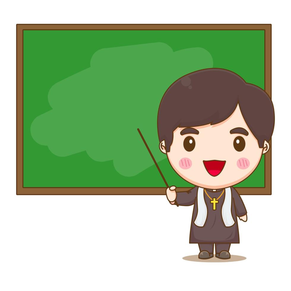 Cute priest teaching in front of chalkboard chibi cartoon character illustration vector