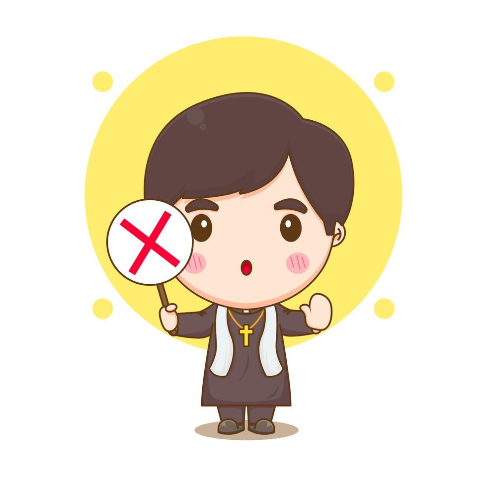 Cute priest holding wrong sign chibi cartoon character illustration vector