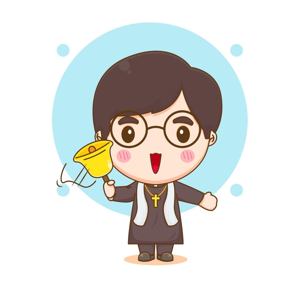 Cute priest holding golden bell chibi cartoon character illustration vector