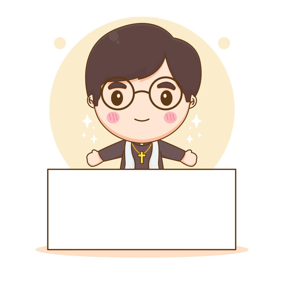 Cute priest with empty billboard chibi cartoon character illustration vector