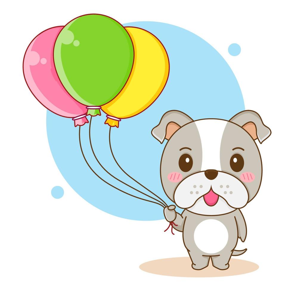 lindo bulldog sosteniendo globos ilustración de personaje de dibujos animados vector