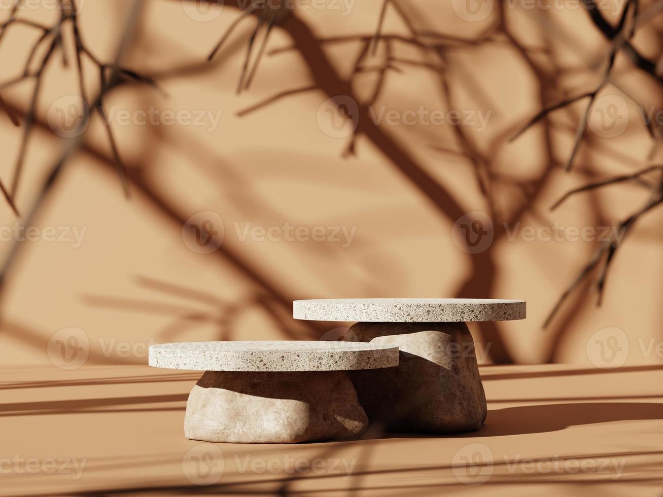 3d minimal display podiums on the rocks with tree shadow against brown background. 3d rendering of realistic presentation for product advertising. 3d minimal illustration. photo