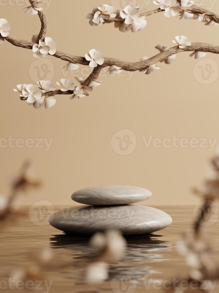 3d minimal pebble display podiums on water and cherry blossom flower or Sakura. 3d rendering of realistic presentation for product advertising. 3d minimal illustration. photo