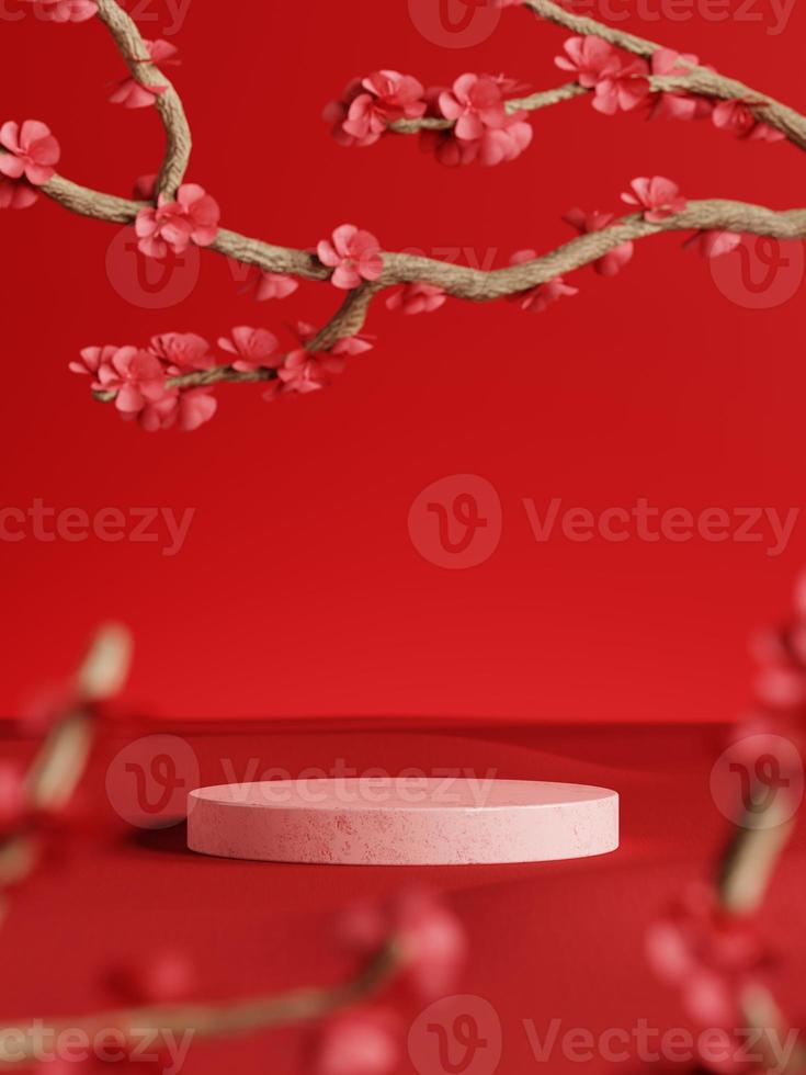 3d minimal display podiums on fabric and cherry blossom flower or Sakura against red background. 3d rendering of realistic presentation for product advertising. 3d minimal illustration. photo