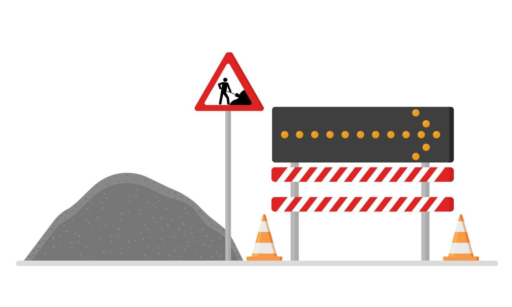 obras viales, reparaciones. cercas instaladas, un indicador de dirección de desvío. señales de tráfico de advertencia. departamento. ilustración vectorial vector