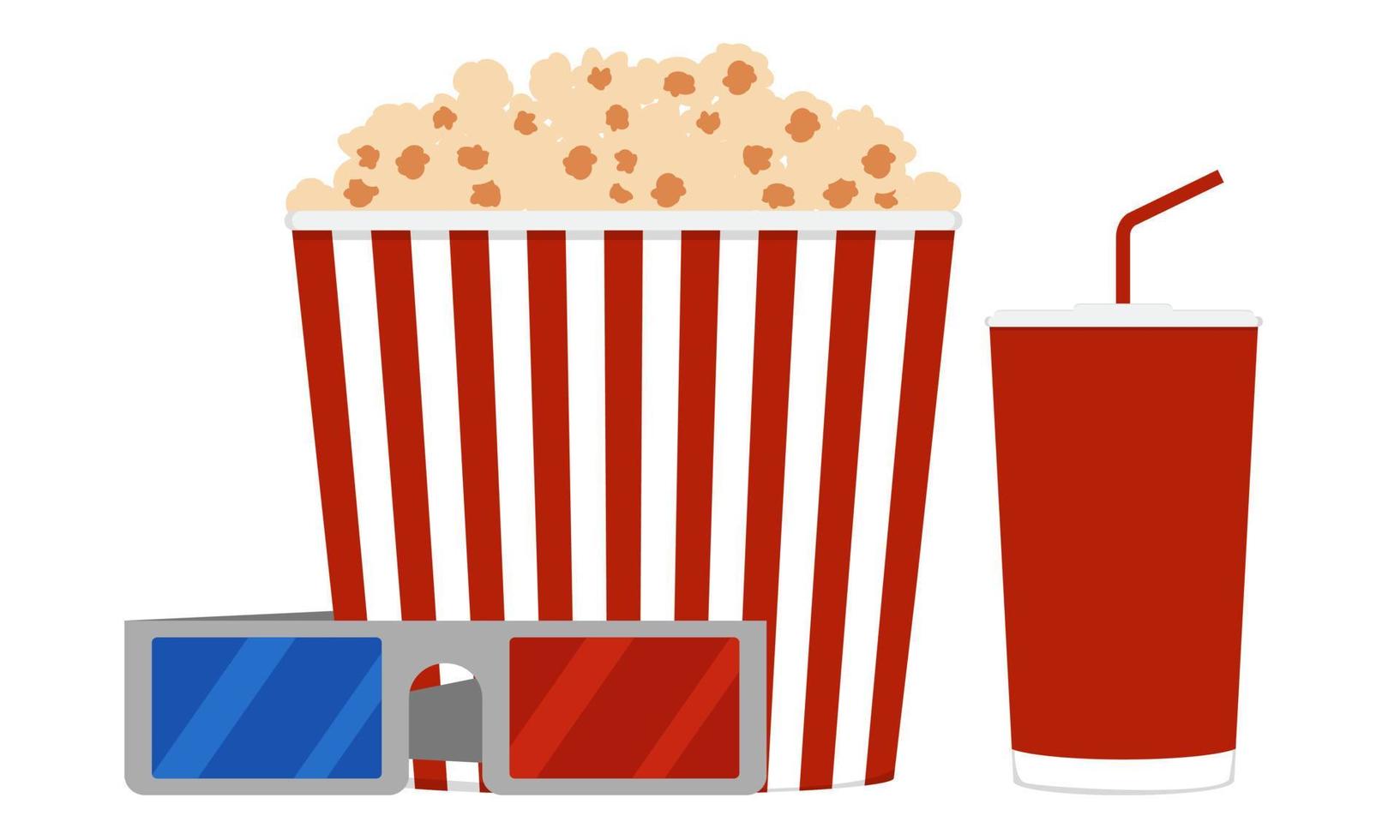 Popcorn, glasses and a drink. Everything for watching a movie at the cinema. Flat. Vector illustration