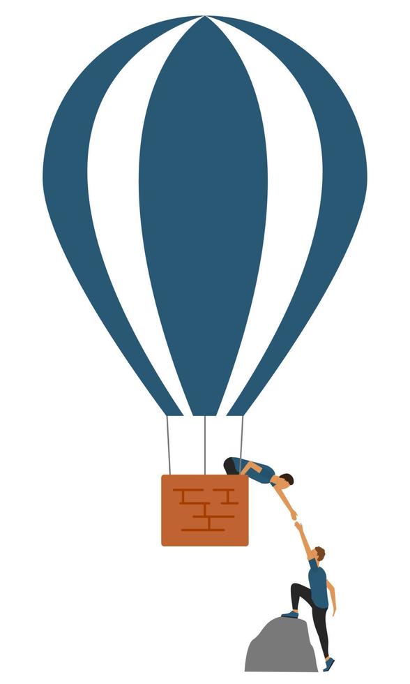 Abstract image of the rise up in the development of a business, startup. Help a partner to climb into a basket rising on a balloon. Concept. Vector illustration