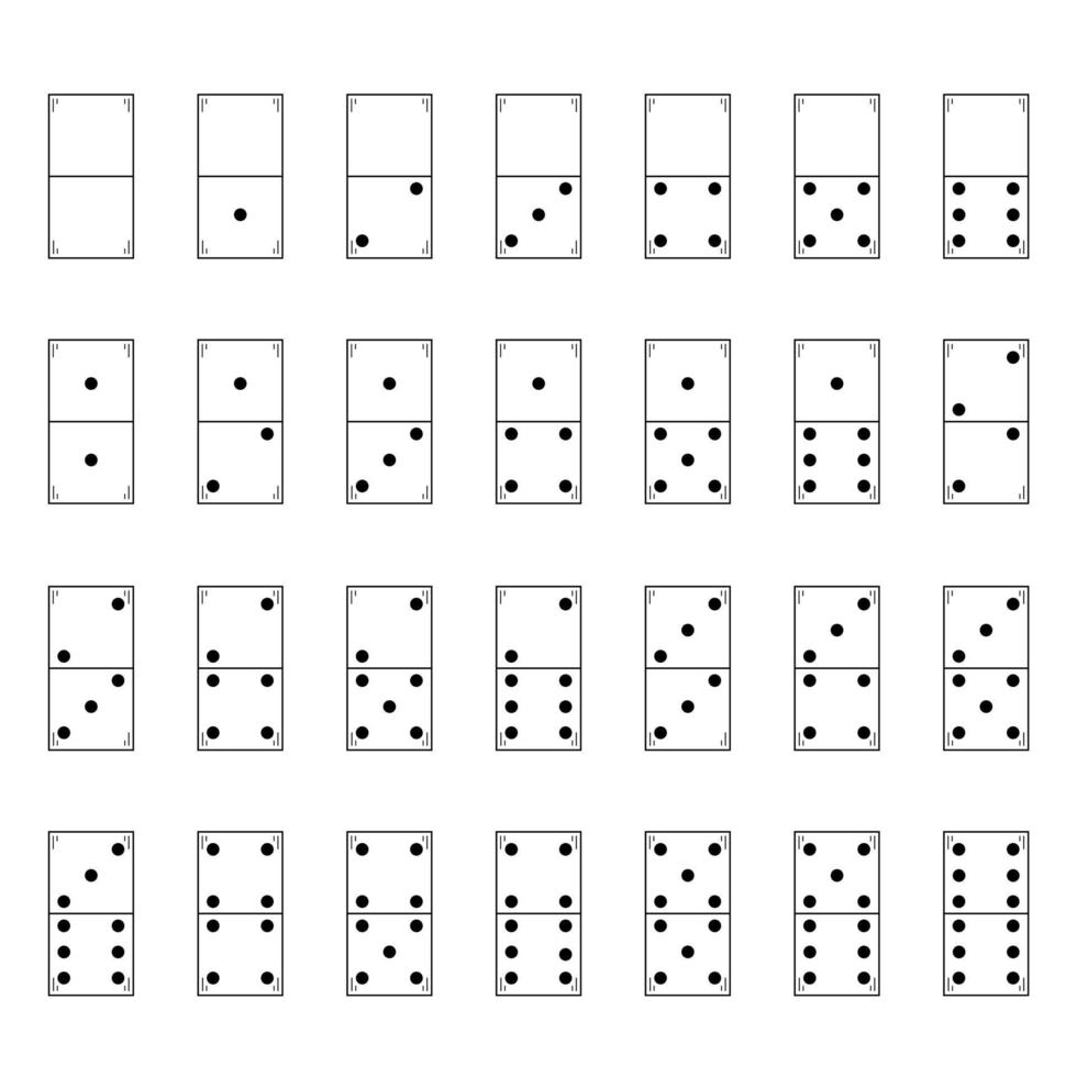 Hand drawn domino set consisting of 28 knuckles. Game is sports and for entertainment. Scetch. Doodle style. Vector illustration