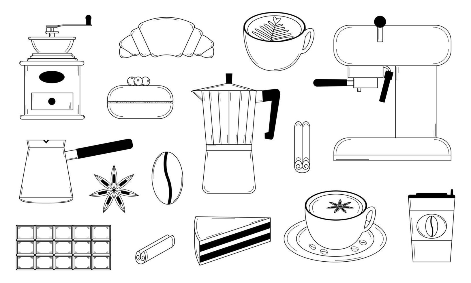 Hand drawn set of coffee illustrations, coffee making equipment and sweets. Doodle style. Vector illustration