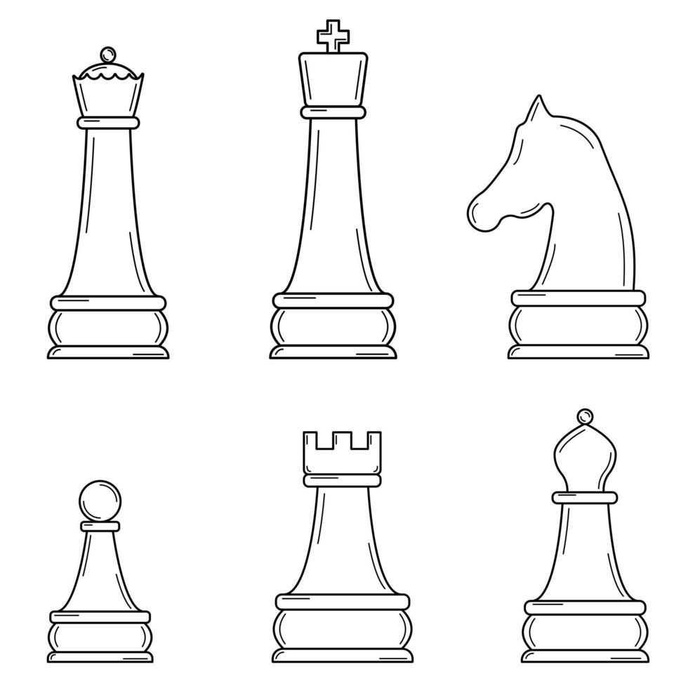 Hand drawn set of chess pieces. Strategy game that develops intelligence. King, queen, rook, bishop, pawn Doodle styie. Vector illustration