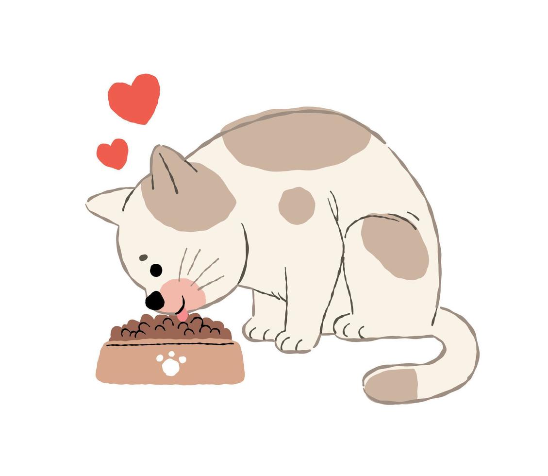 un lindo gato comiendo comida con amor y feliz vector