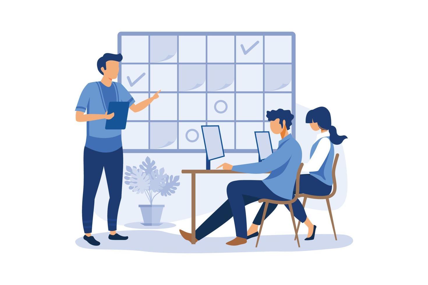 fill in the calendar table, mark important dates and tasks, team thinking and brainstorming, analytics of information about the company flat modern design illustration vector