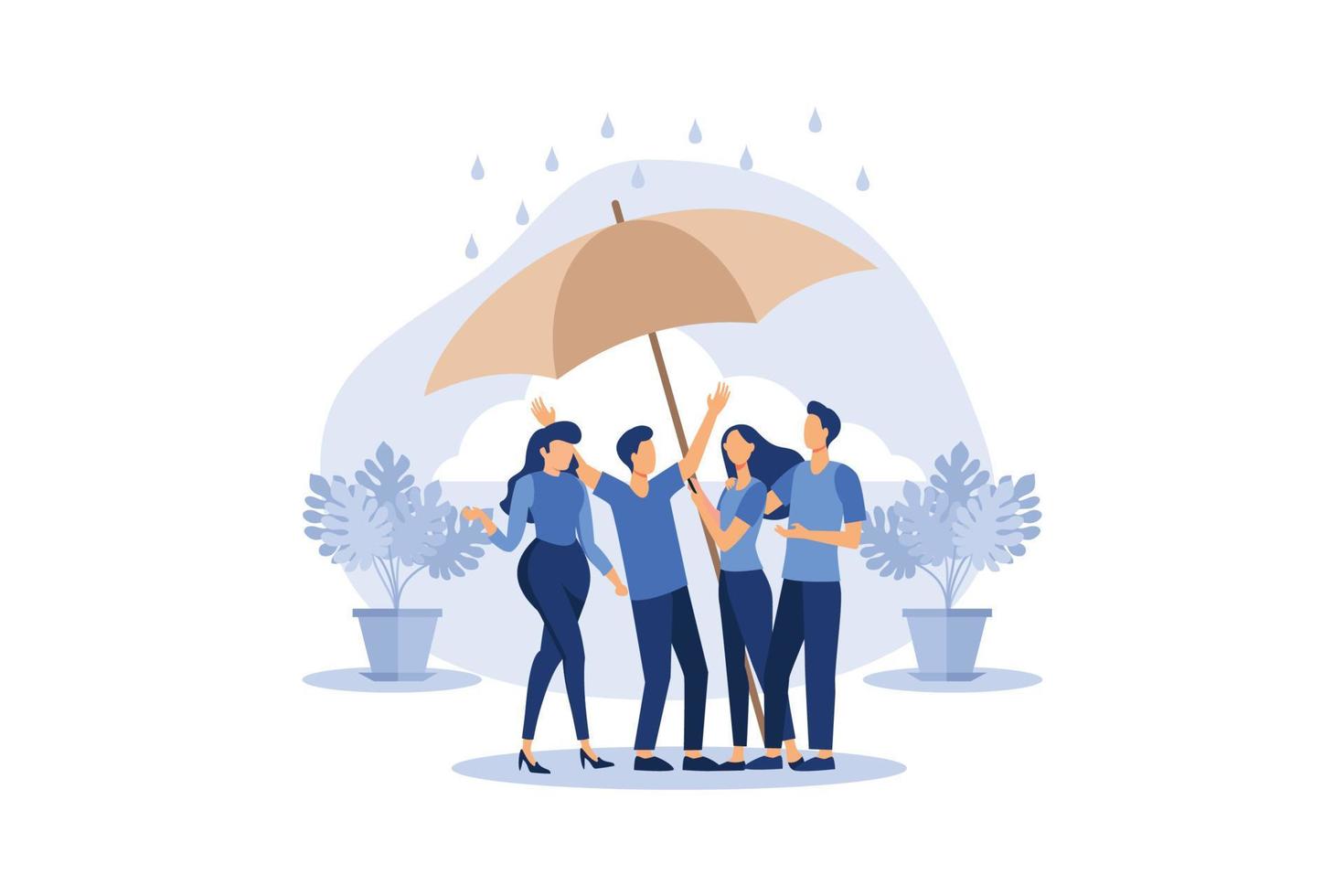 support each other concept, people stand under umbrella under protection vector flat modern design illustration