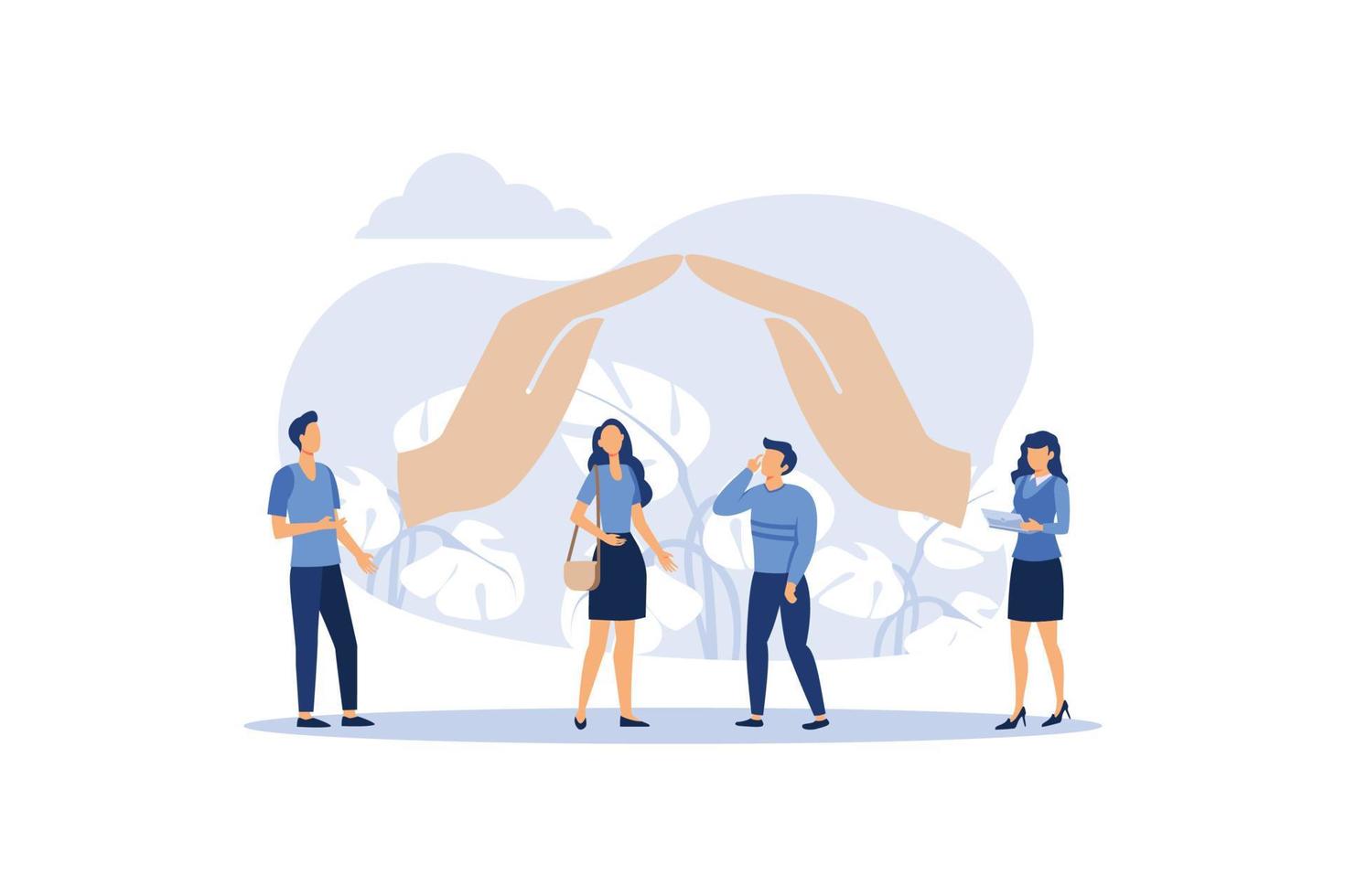 hand protection house . human life insurance. the metaphor of hand over the people to protect against accidents to life and personal property. accident insurance schedule designvector flat ilustration vector
