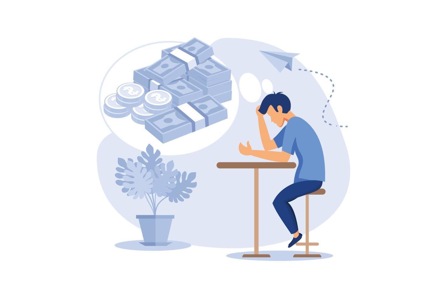 financial problems, economic crisis, business bankruptcy, presses office worker with a headache, unpaid loan debt vector flat modern design illustration