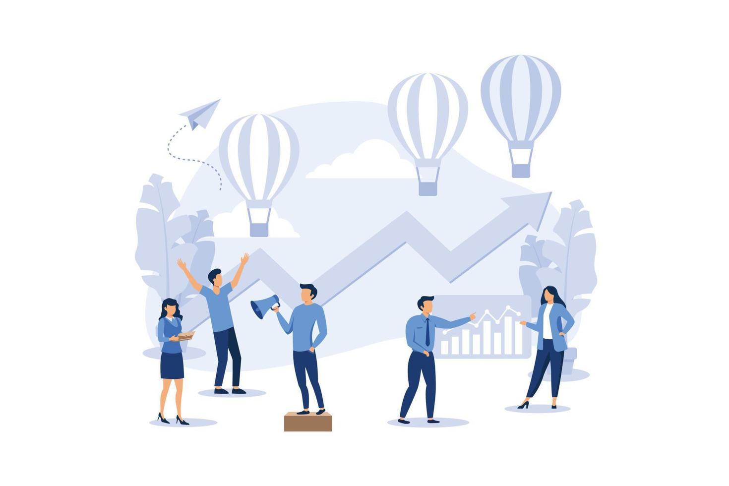 group of people characters are thinking over an idea. prepare a business project start up. rise of the career to success, flat color icons, business analysis vector illustration